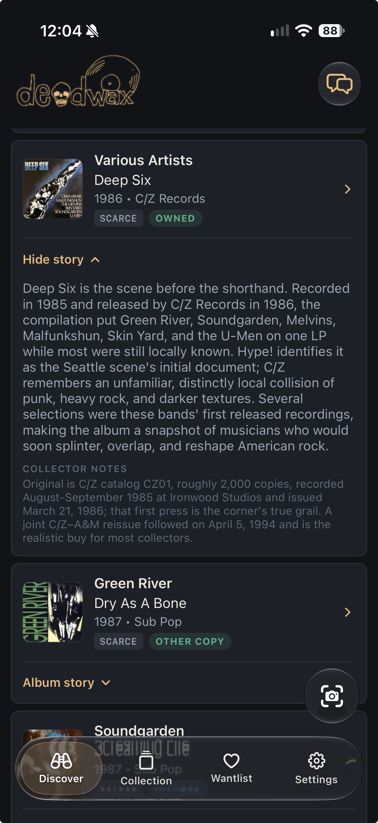 Album Story in the Deadwax iOS app, with record history and source links