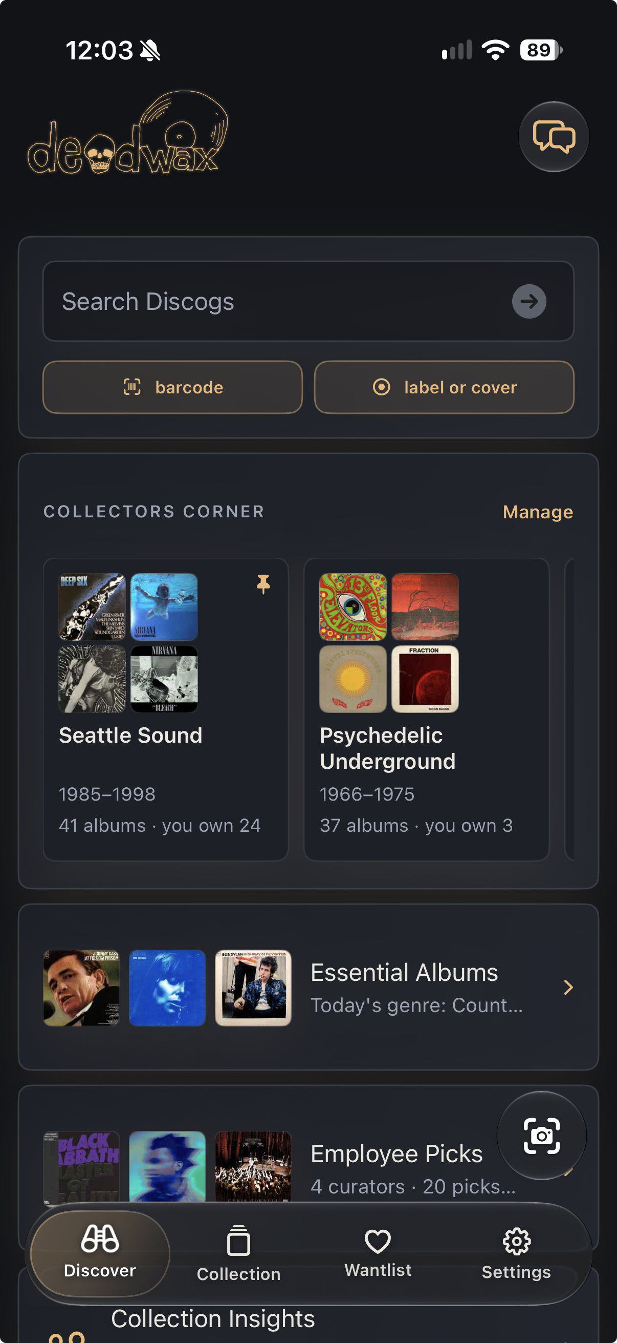 Deadwax Discover screen showing Seattle Sound and Psychedelic Underground in Collectors Corner