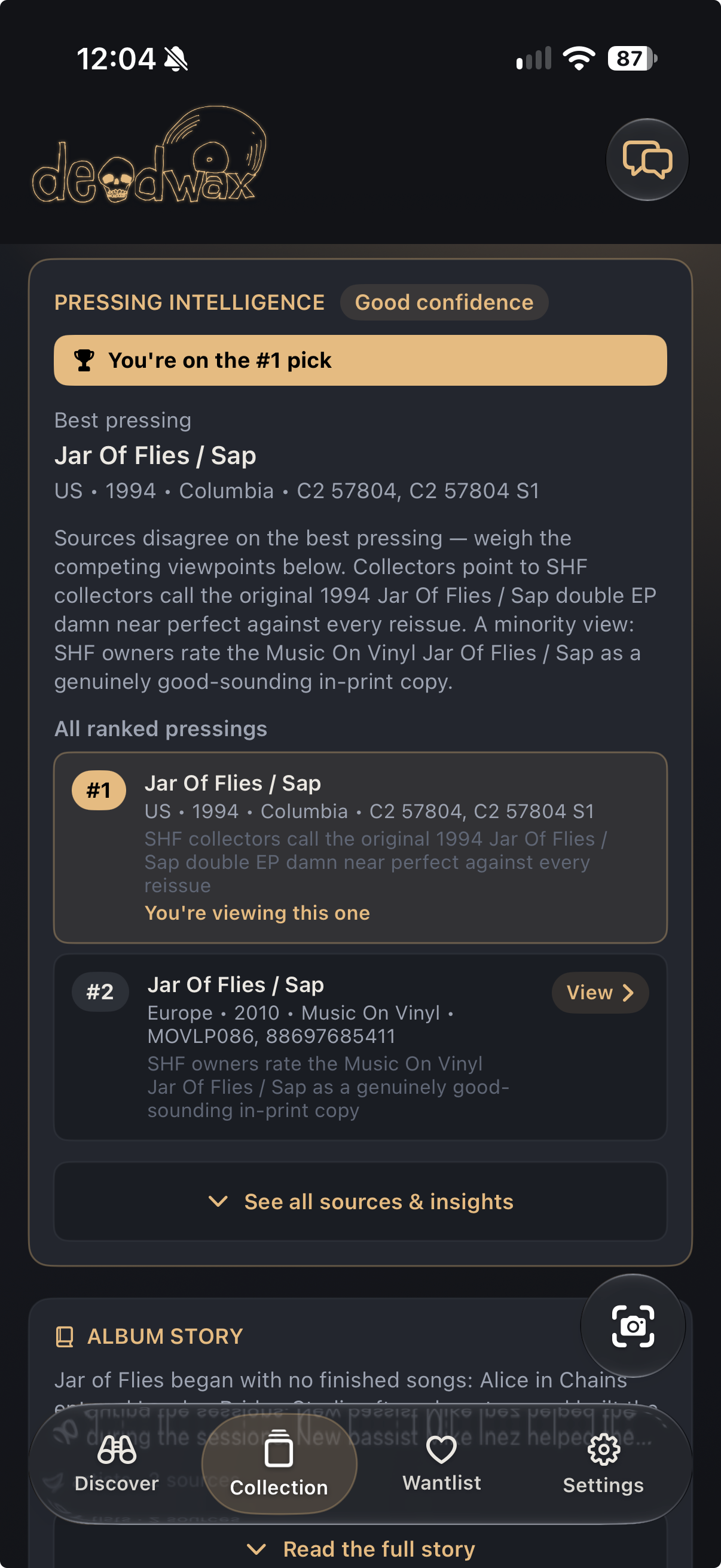 Pressing Intelligence for Jar of Flies showing competing source views and two different editions