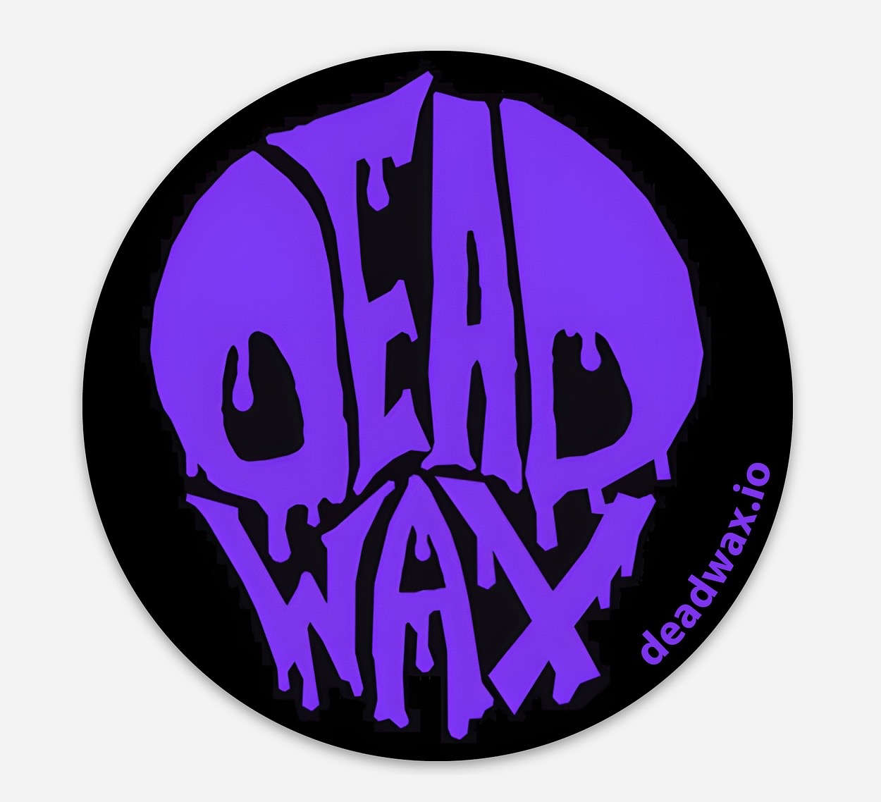 A circular purple and black Deadwax skull sticker design